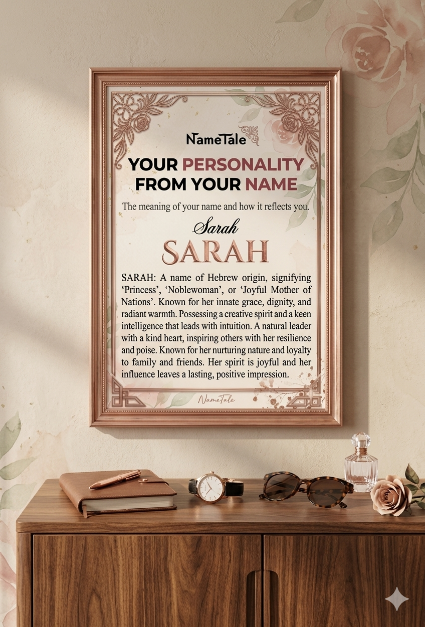 Custom Name Meaning Wall Art - "Sarah" Personal Identity Poster, Elegant Rose Gold Floral Style (Digital Download)