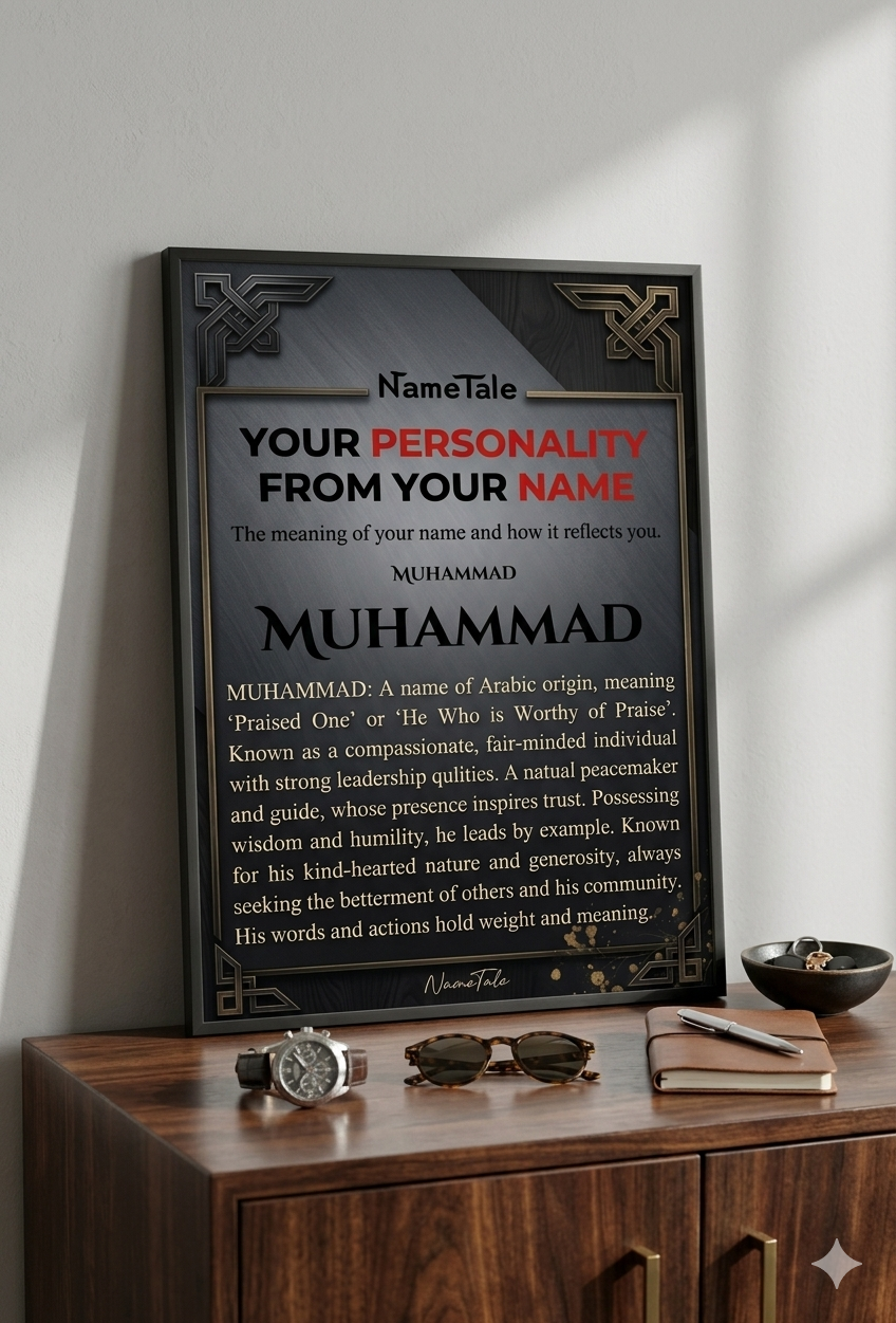 Custom Name Meaning Wall Art - "Muhammad" Personal Identity Poster, Masculine Dark Marble Style (Framed or Unframed)